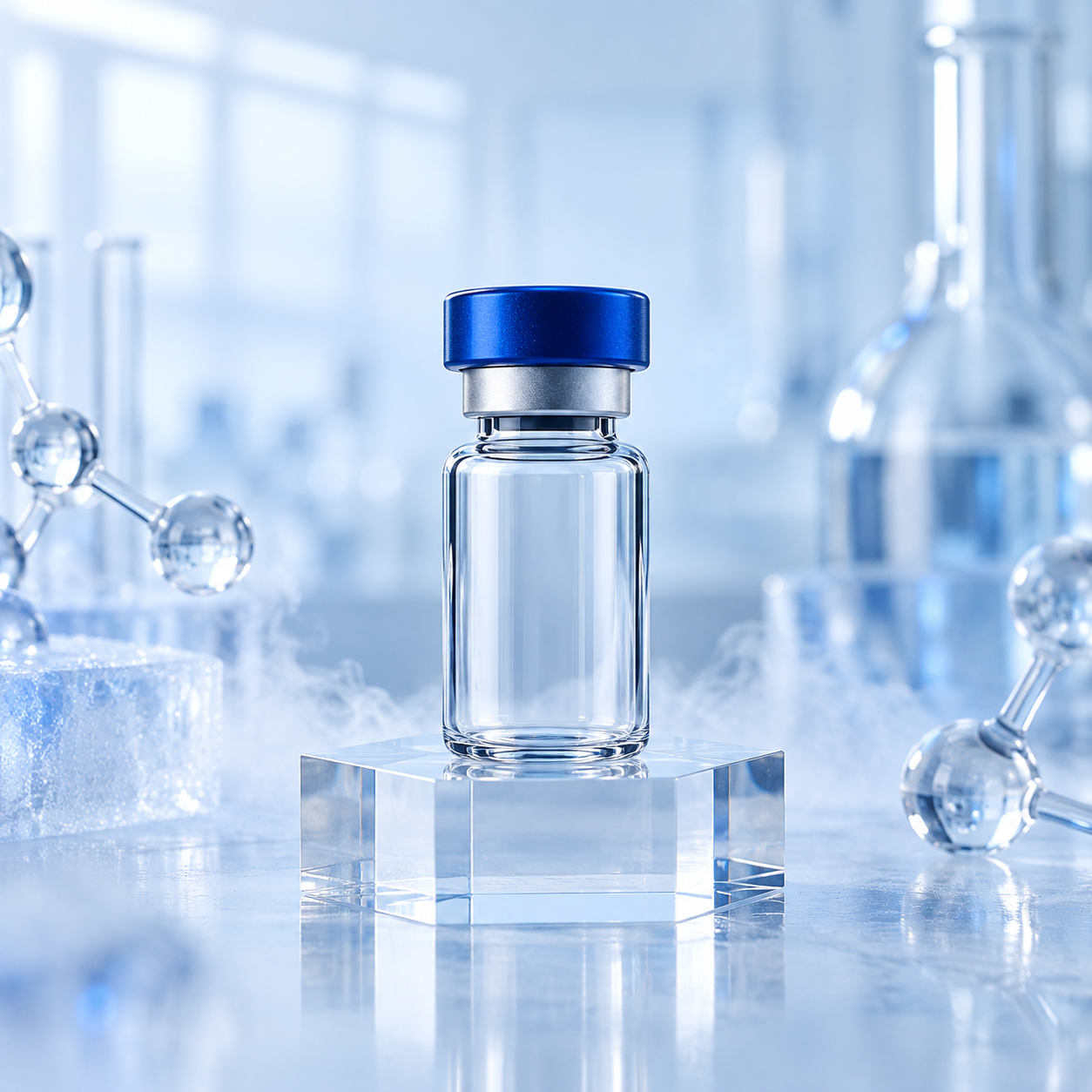 Premium research vial in a clean blue laboratory setting